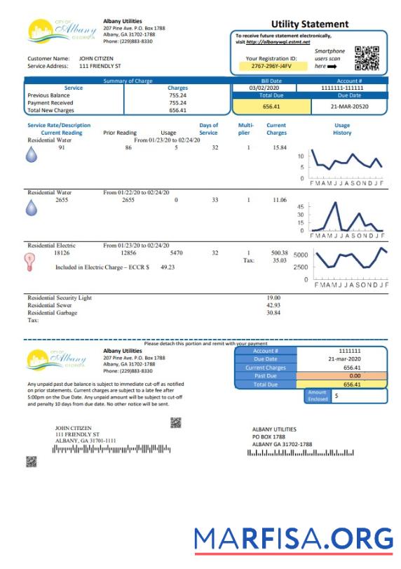 Blank USA Georgia City of Albany water and electricity utility bill template in Word and PDF format